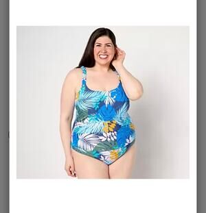 Jantzen Jolie blue palm Adjustable Straps black swimsuit 22w